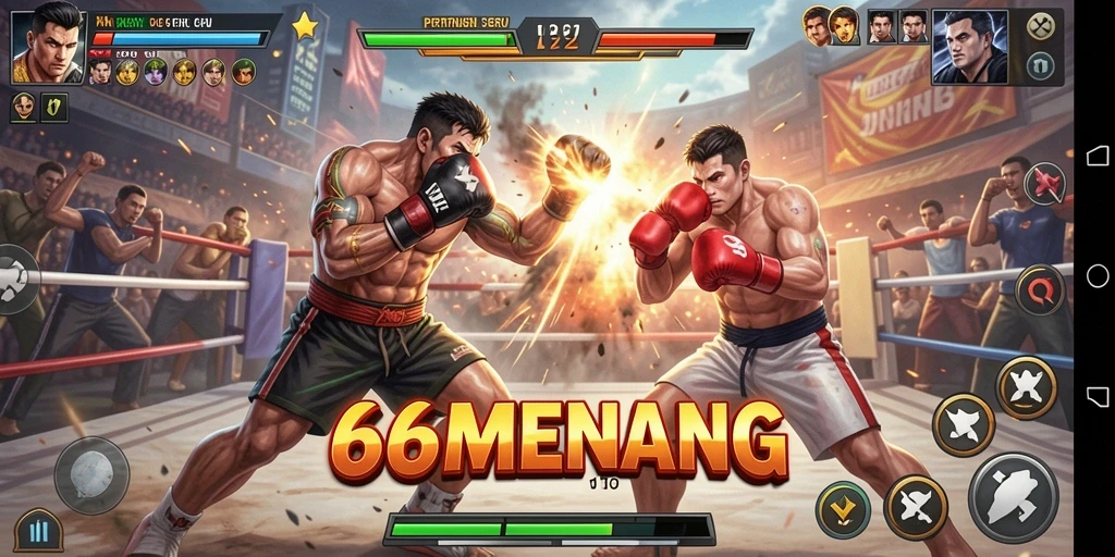 Screenshot gameplay 66MENANG menunjukkan pertarungan seru antara karakter.