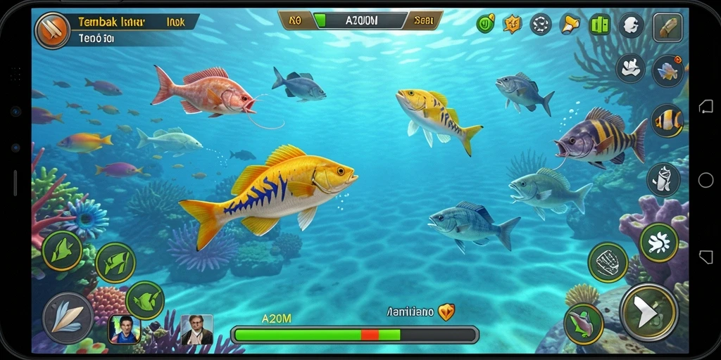 Tampilan gameplay A200M saat menangkap ikan di lautan.