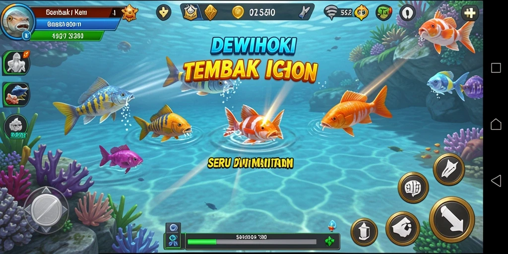 Screenshot gameplay DEWIHOKI menampilkan aksi menembak ikan yang seru.