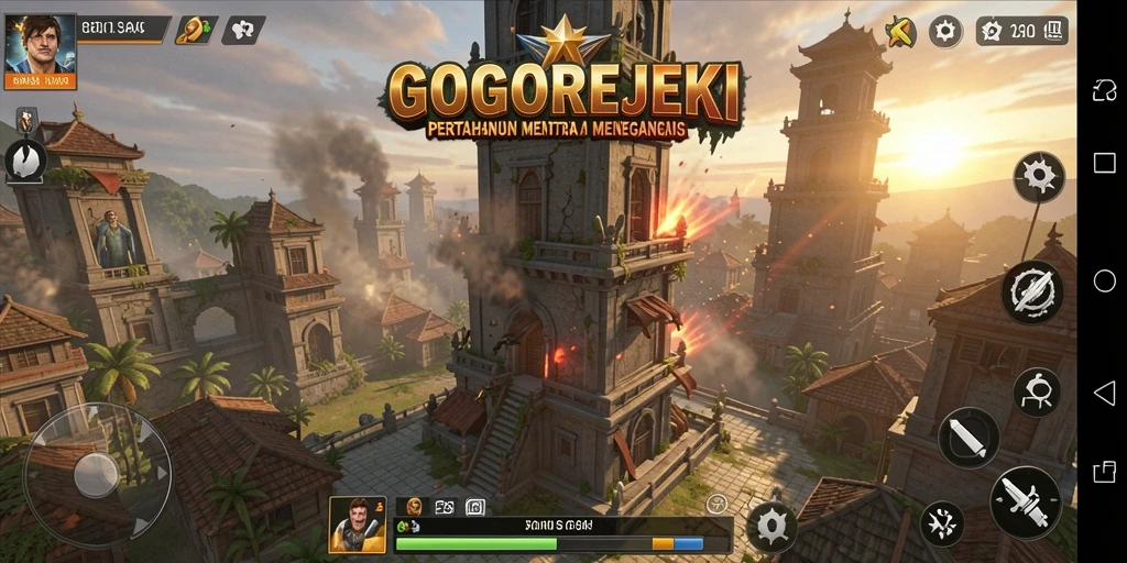 Screenshot gameplay GOGOREJEKI menampilkan aksi pertahanan menara yang epik.