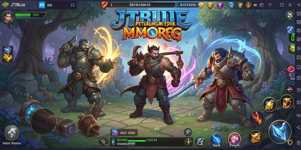 Gameplay JTBLUE menampilkan aksi pertempuran epik dalam dunia fantasi.