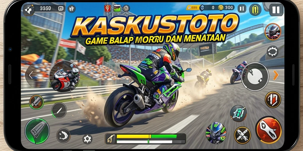 Screenshot gameplay KASKUSTOTO yang menampilkan aksi balap motor yang mendebarkan.