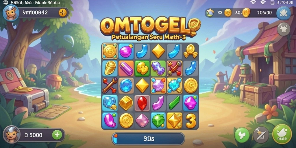 Screenshot utama OMTOGEL menampilkan gameplay seru match-3.