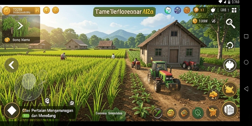 Screenshot gameplay TO288 menampilkan petani merawat ladang dengan grafis menarik.